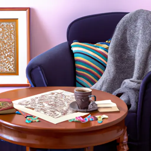 An image showcasing a cozy living room with a vibrant, knitted blanket draped over a comfy armchair