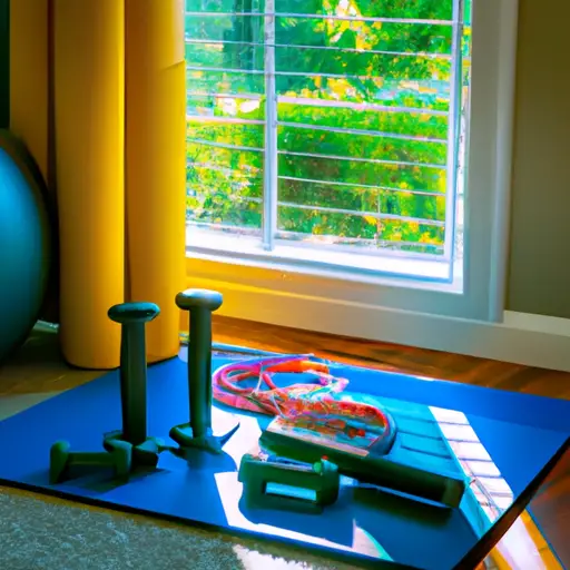 An image featuring a vibrant living room: a yoga mat unrolled near a sunlit window, a set of dumbbells on a sleek rack, a jump rope hanging from a hook, and a foam roller resting on a plush rug