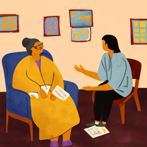 An image of a person sitting in a therapist's office, surrounded by warm, comforting colors