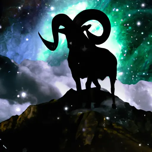 An image displaying a serene night sky filled with twinkling stars and a majestic ram gracefully standing on a mountaintop, symbolizing the ancient wisdom and depth of Aries as old souls