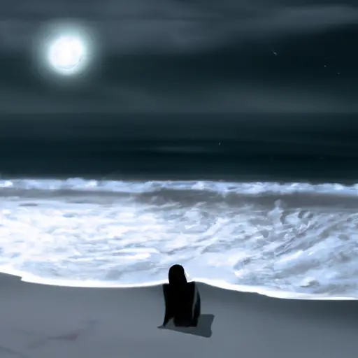 An image showcasing a serene, moonlit beach with gentle waves, where a lone Pisces gazes pensively towards the horizon, their dreamy eyes reflecting wisdom beyond their years