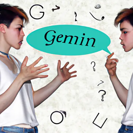 An image that captures the frustration of trying to communicate with a Gemini, featuring two individuals talking, one speaking rapidly with multiple thought bubbles, while the other struggles to keep up, their face showing confusion and overwhelmed body language