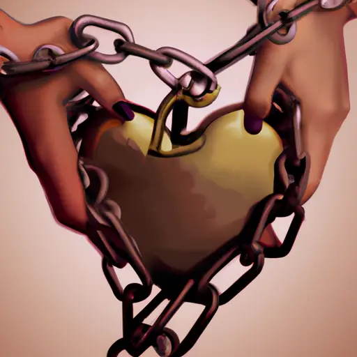 An image of a pair of hands tightly gripping a fragile heart, surrounded by chains, symbolizing the emotional attachment and dependency that keeps us holding onto love for someone who treats us poorly