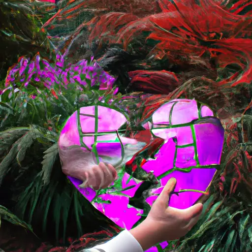 An image depicting a person holding a shattered heart, surrounded by a beautiful garden