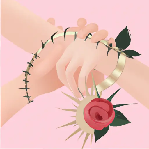 An image depicting two hands clasping tightly, one hand wearing a delicate rose bracelet while the other is adorned with sharp thorns