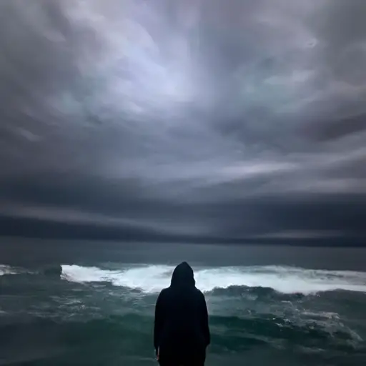 An image capturing a person with their back turned, standing at the edge of a vast, turbulent ocean