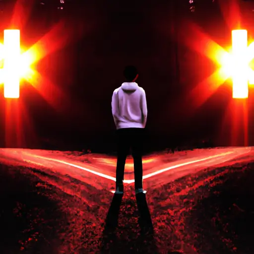 An image showcasing a person standing at a crossroad, one path shrouded in darkness and fear, the other bathed in a warm, radiant light representing love
