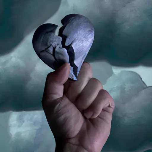  Create an image depicting a shattered heart enclosed in a clenched fist, surrounded by a dark storm cloud