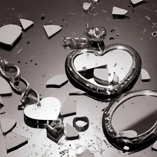 An image capturing the aftermath of infidelity: a shattered heart-shaped locket lying in pieces on a broken mirror, reflecting the desolation and loss of trust, symbolizing the irreversible breakdown of a once cherished relationship