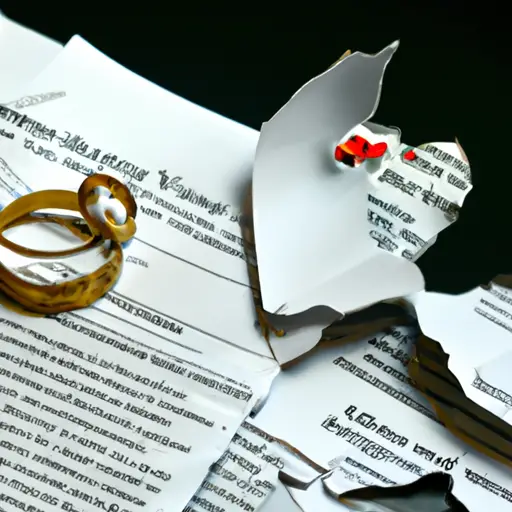 An image depicting a shattered wedding ring lying amidst papers representing legal documents, bills, and divorce papers