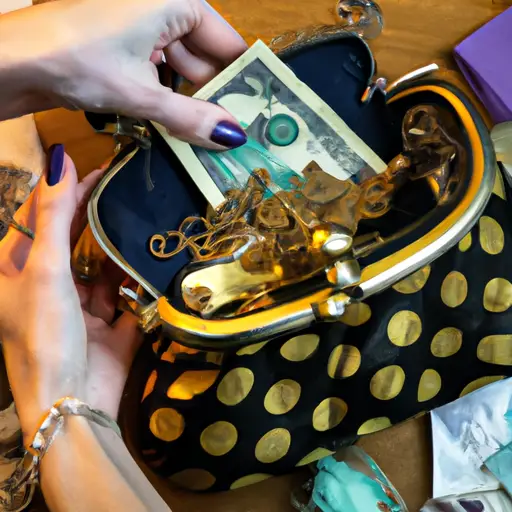 the thrill of discovery as a woman's hands delicately unzip a vintage Goodwill handbag, revealing a dazzling array of golden coins, sparkling jewelry, and crumpled banknotes, scattered amidst faded receipts and forgotten trinkets