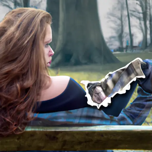 An image depicting a woman sitting on a park bench, her face a tapestry of conflicted emotions, as she clutches a torn photograph of her boyfriend and his ex, symbolizing the intricate layers of her feelings