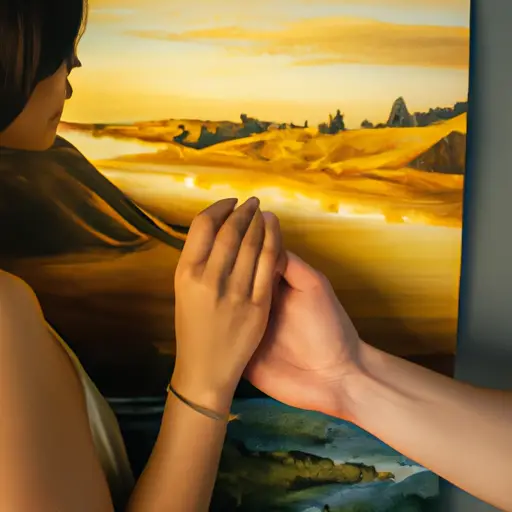 Depict a scene where a woman, with a hopeful gaze, gently clasps her boyfriend's hand while tenderly pointing towards a faded photograph of his ex, symbolizing her desire for their reunion, amidst a backdrop of golden sunset hues