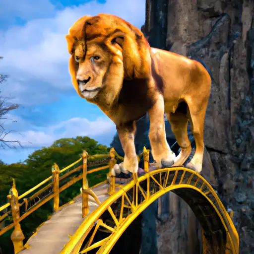 An image showcasing a regal lion, with a majestic golden mane, standing tall on a mountaintop, as it gazes down upon a broken bridge with a proud refusal to apologize